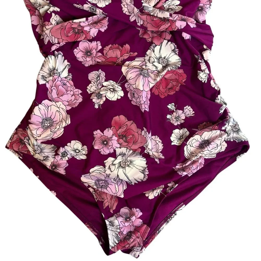 Freshwater Surplice Lace-Back One-Piece Swimsuit Plus Size 2X Purple Floral - Picture 6 of 16